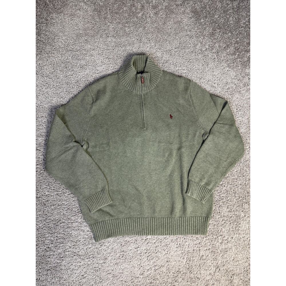 Polo Ralph Lauren Sweater Mens L Green 1/4 Zip Mock Neck Tight-Knit Pullover